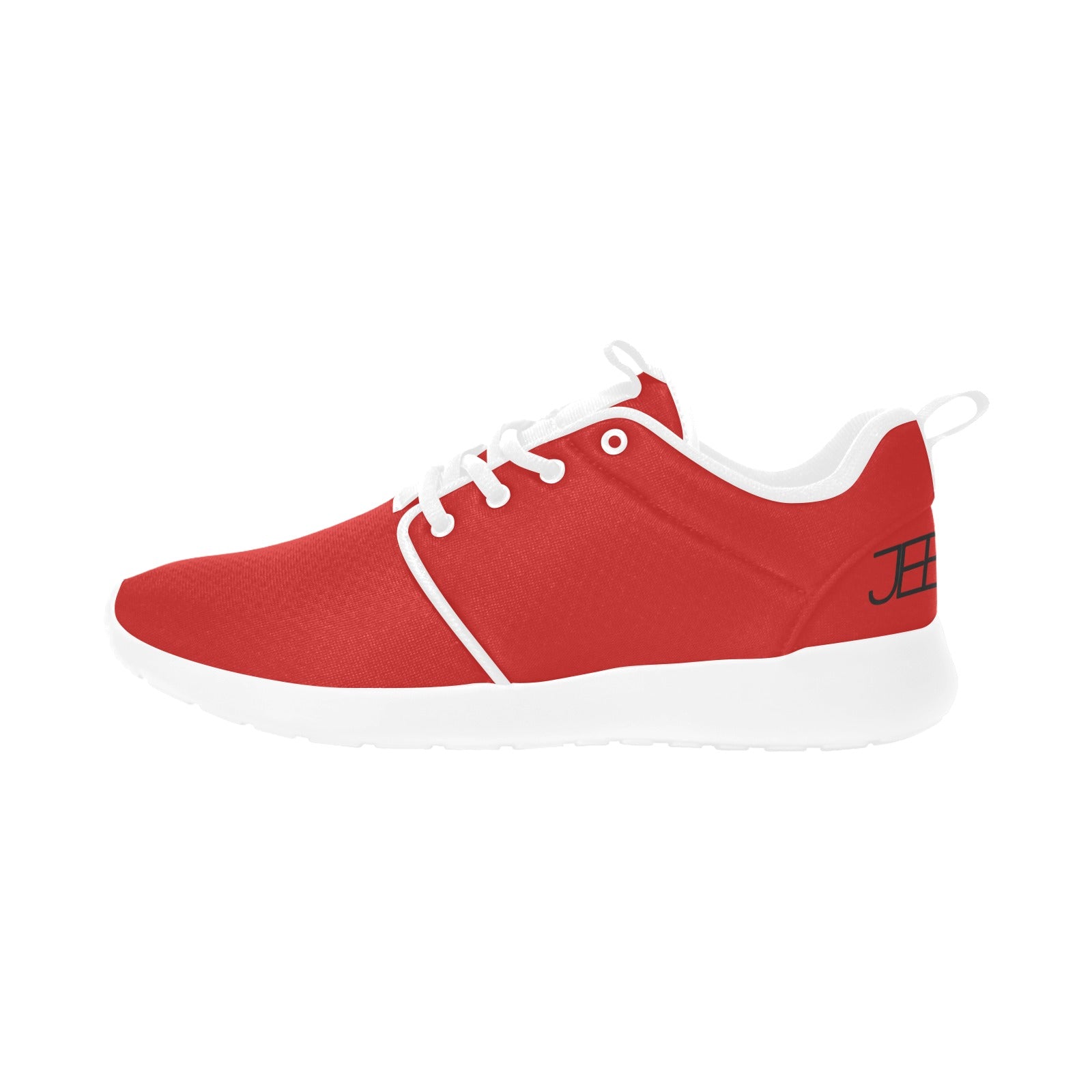 Men's running shoe, red with white laces and trim, cushioned sole