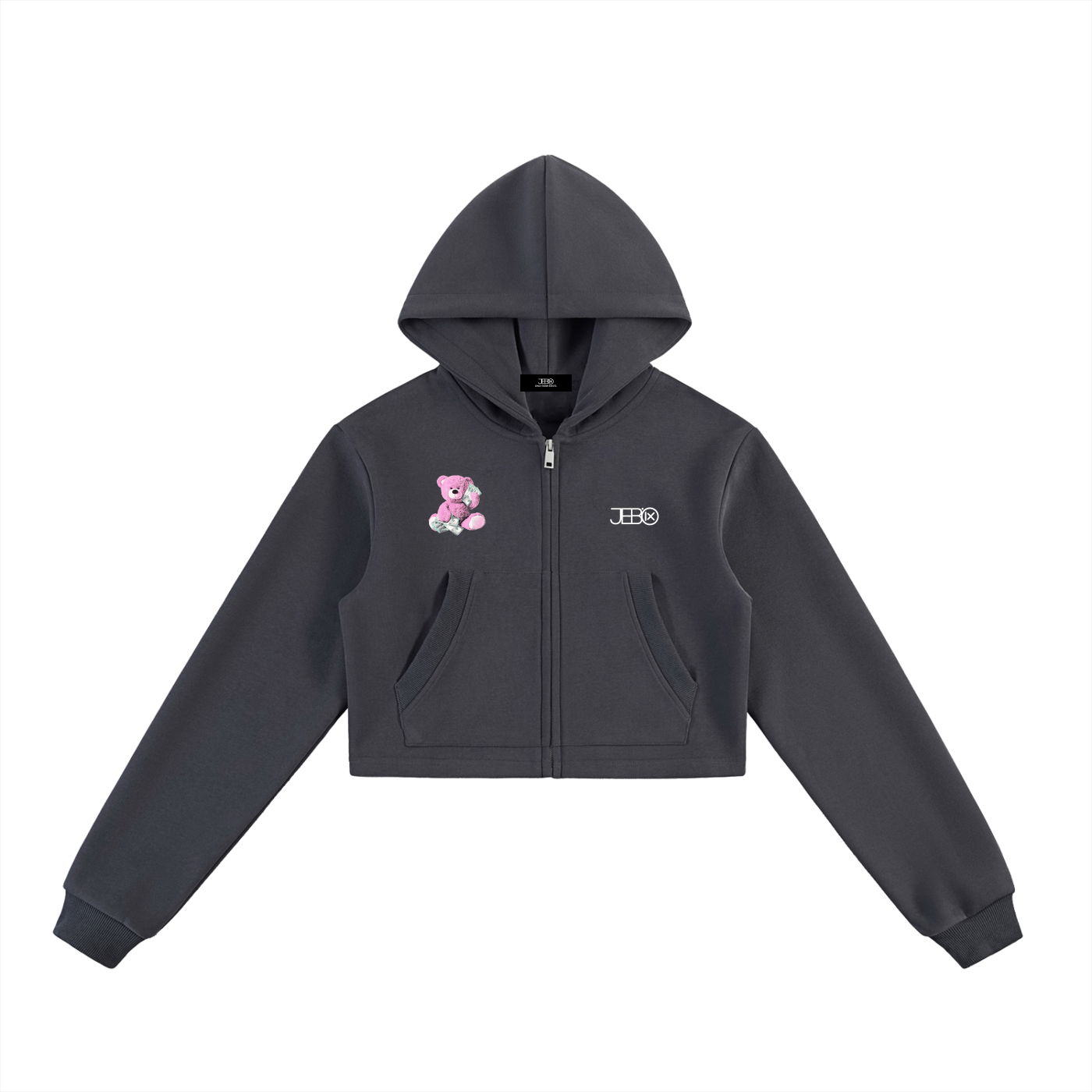 Cropped zip-up hoodie, dark gray, hooded with front zipper, kangaroo pockets, bear patch