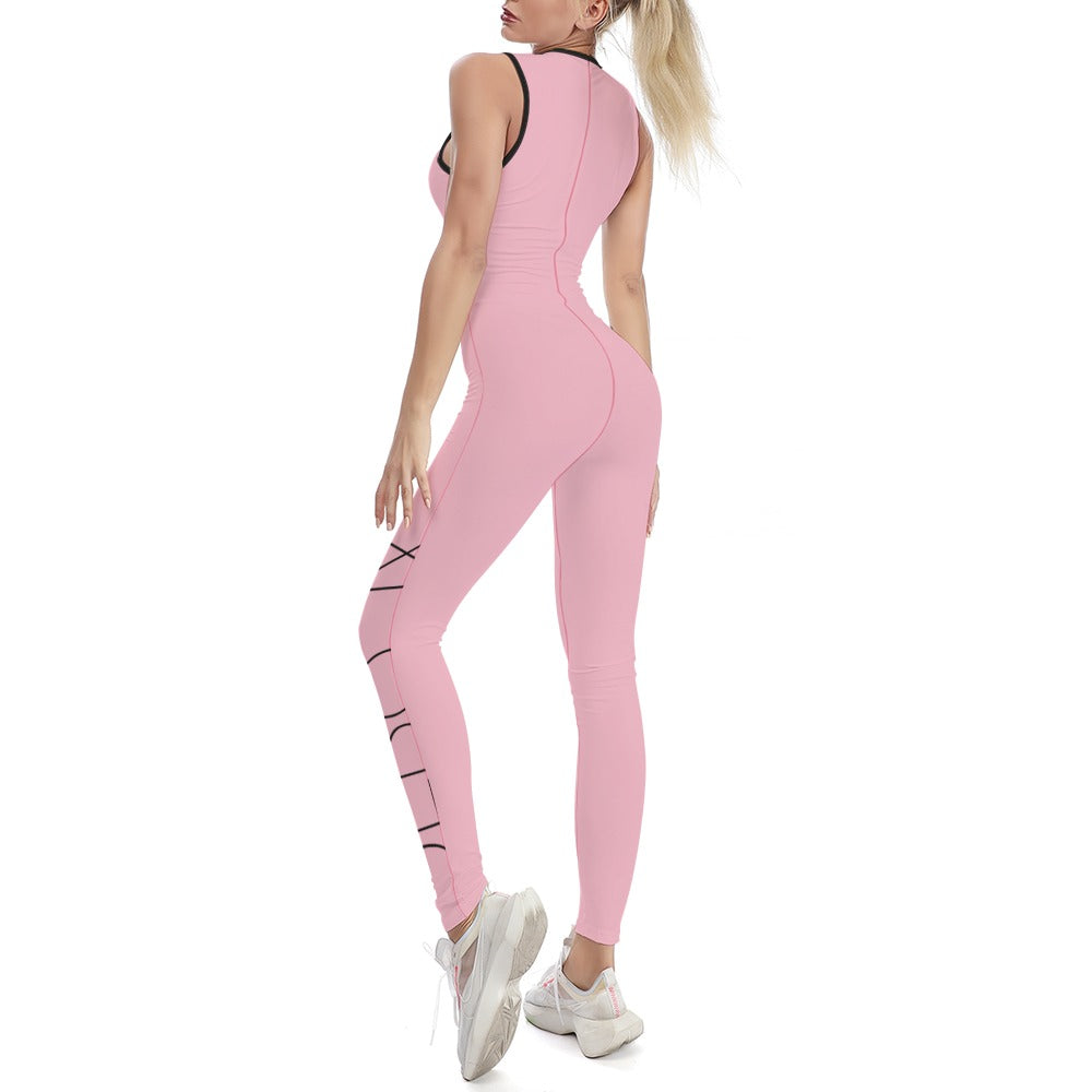 Womens one-piece yoga suit, pink with black trim, sleeveless back view and side leg panel
