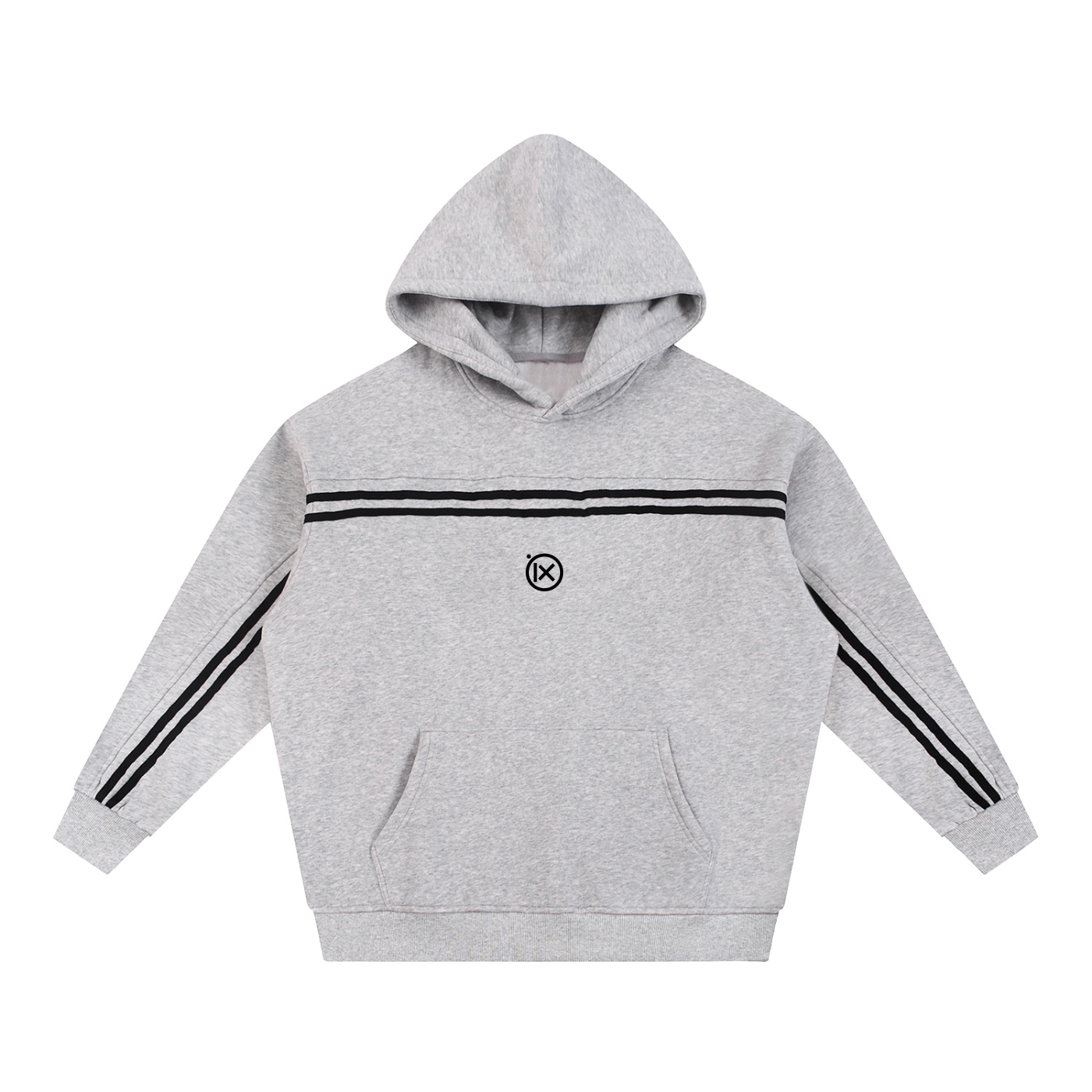 Light gray contrast hoodie with black stripe panel, drawstring hood, kangaroo pocket