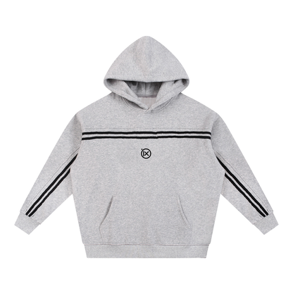 Light gray contrast hoodie with black stripe panel, drawstring hood, kangaroo pocket