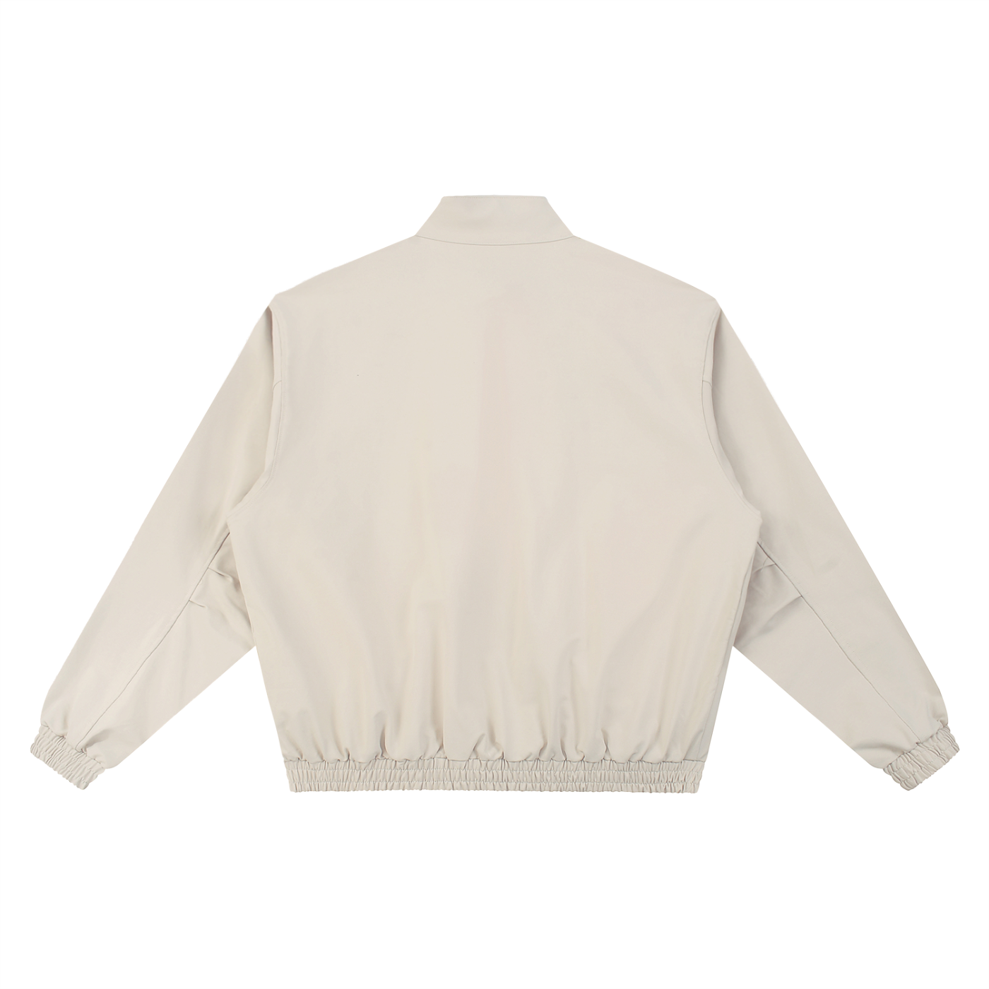 Beige stand-collar bomber jacket, back view with ribbed cuffs and elastic hem.