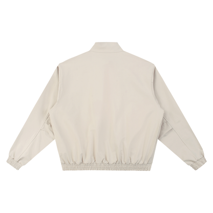 Beige stand-collar bomber jacket, back view with ribbed cuffs and elastic hem.