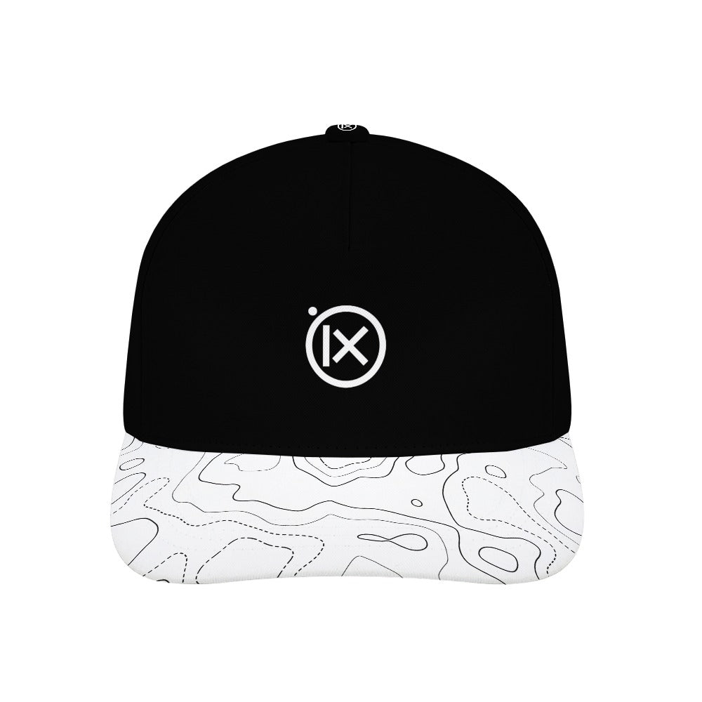 Black baseball cap with iX logo and white patterned brim with line details