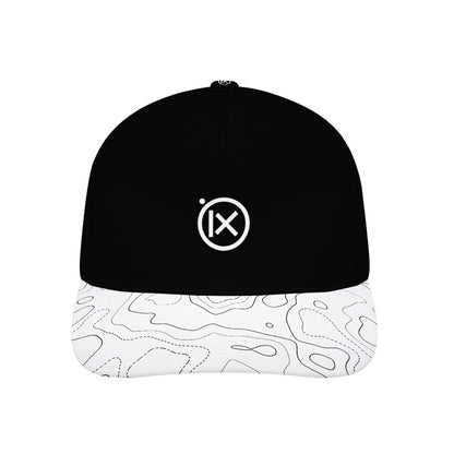 Black baseball cap with iX logo and white patterned brim with line details