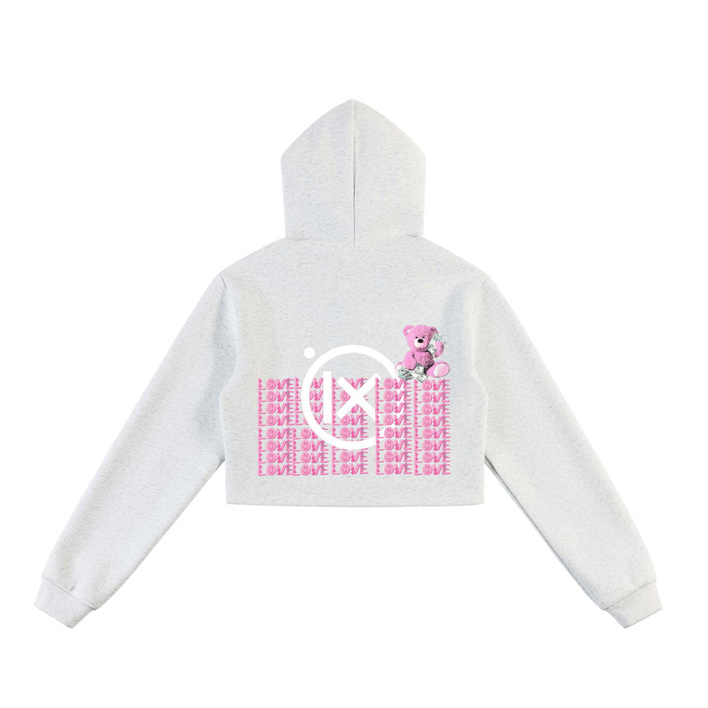 Cropped zip-up hoodie, light gray, hooded back with bear graphic and LOVE pattern