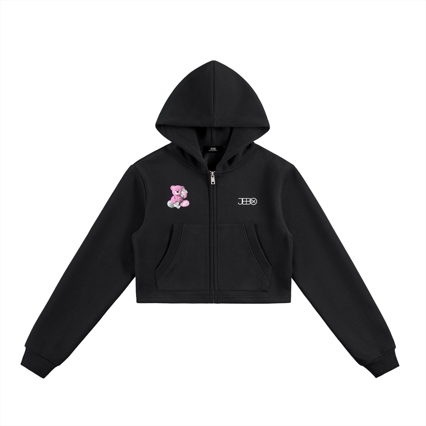 Cropped zip-up hoodie, black, hooded with front zipper and kangaroo pockets