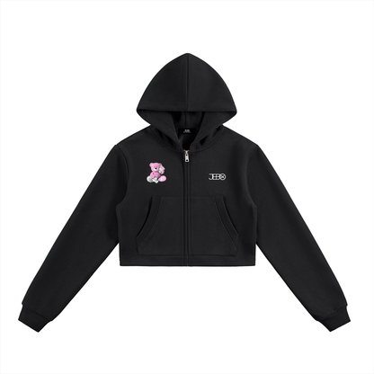 Cropped zip-up hoodie, black, hooded with front zipper and kangaroo pockets