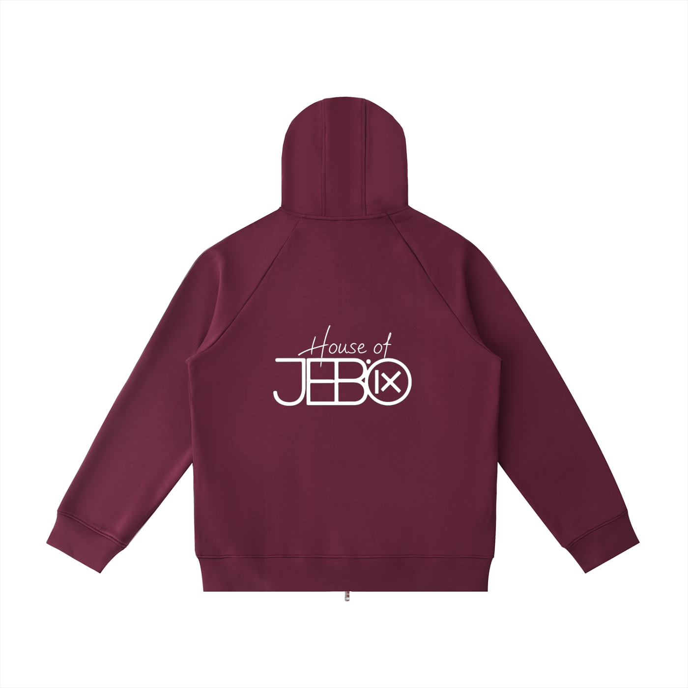 Raglan zip hoodie in burgundy, with hood and back logo graphic
