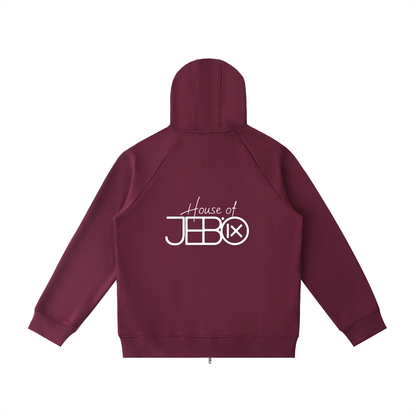 Raglan zip hoodie in burgundy, with hood and back logo graphic