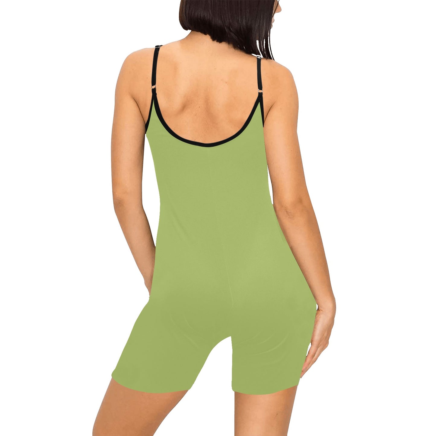 Back view of lime green short yoga bodysuit with thin straps and black trim