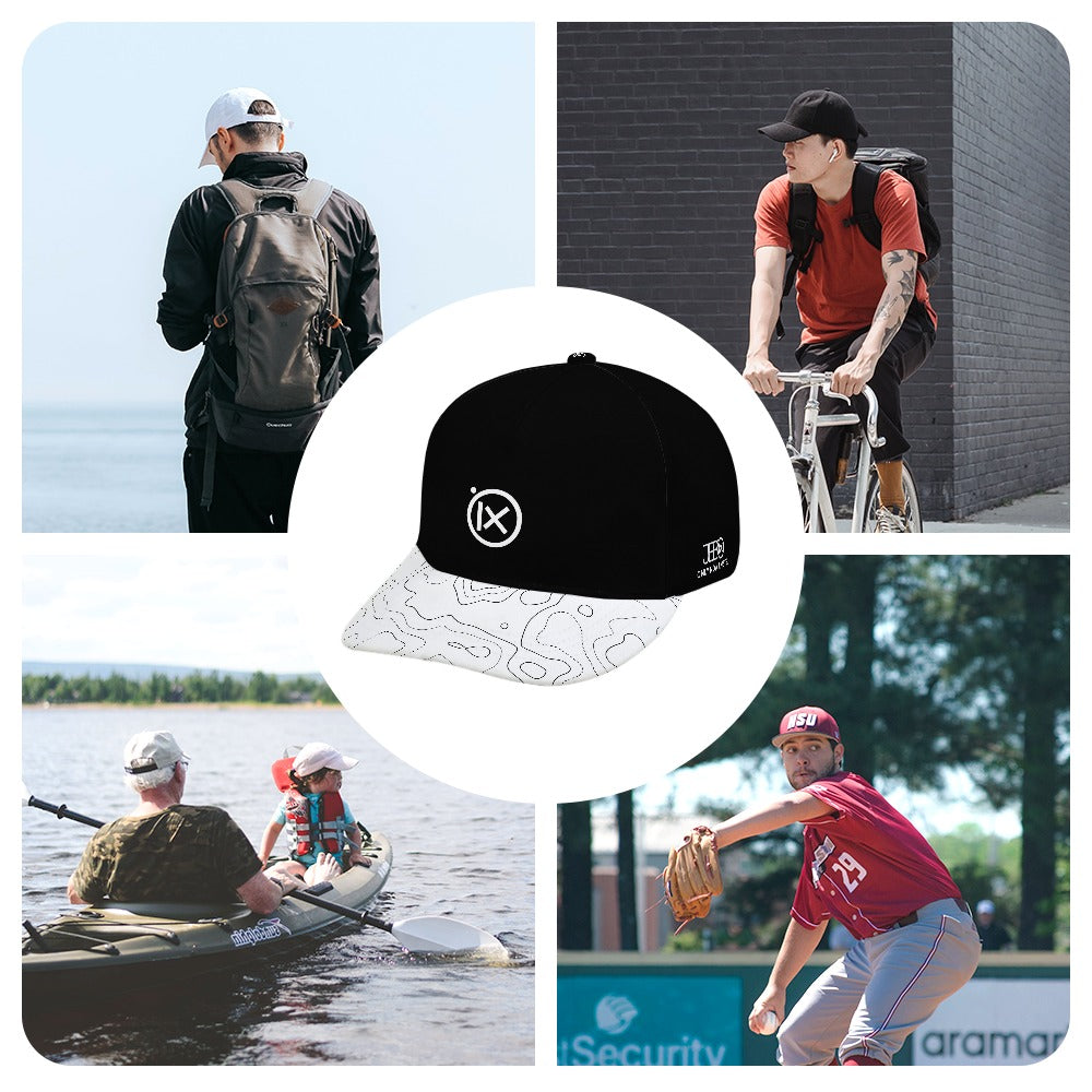 Black baseball cap with white patterned brim and ix logo on the crown