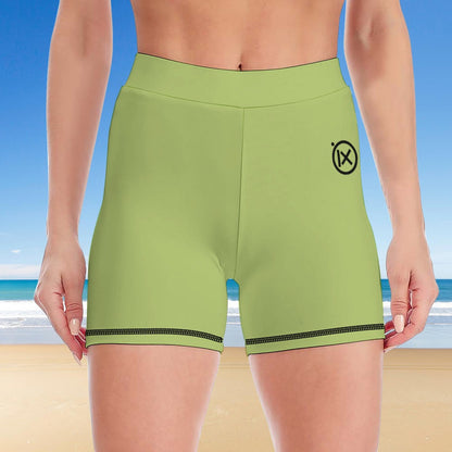 Women’s yoga biker shorts, lime green with black logo at hem and contrast trim