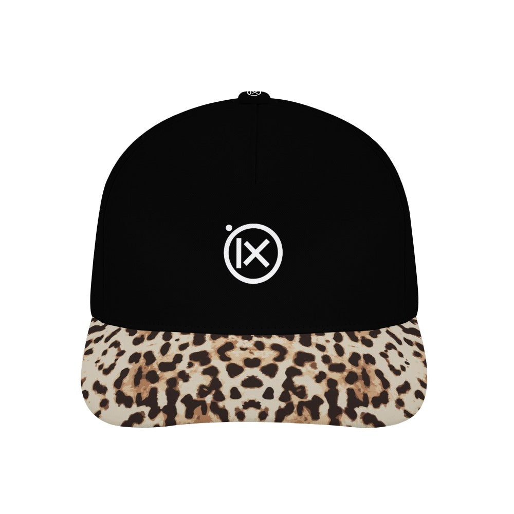 Baseball cap with black crown and leopard-print brim; white Ix emblem on front