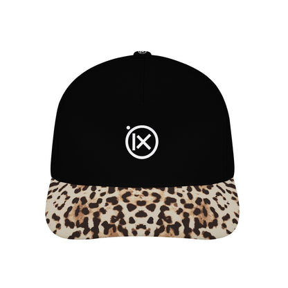 Baseball cap with black crown and leopard-print brim; white Ix emblem on front