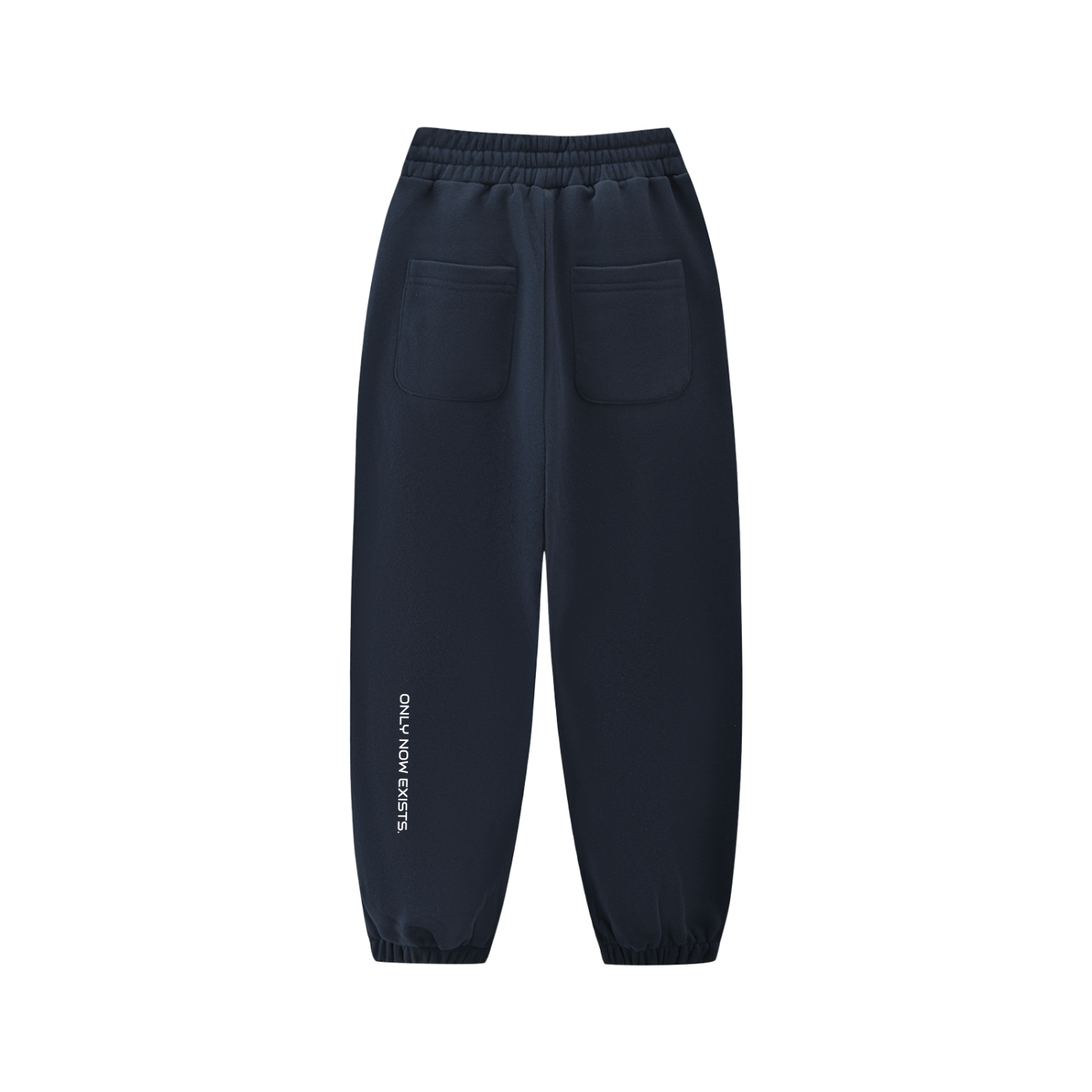 Kids fleece jogger in dark navy, elastic waistband and cuffs, back view with pocket logo