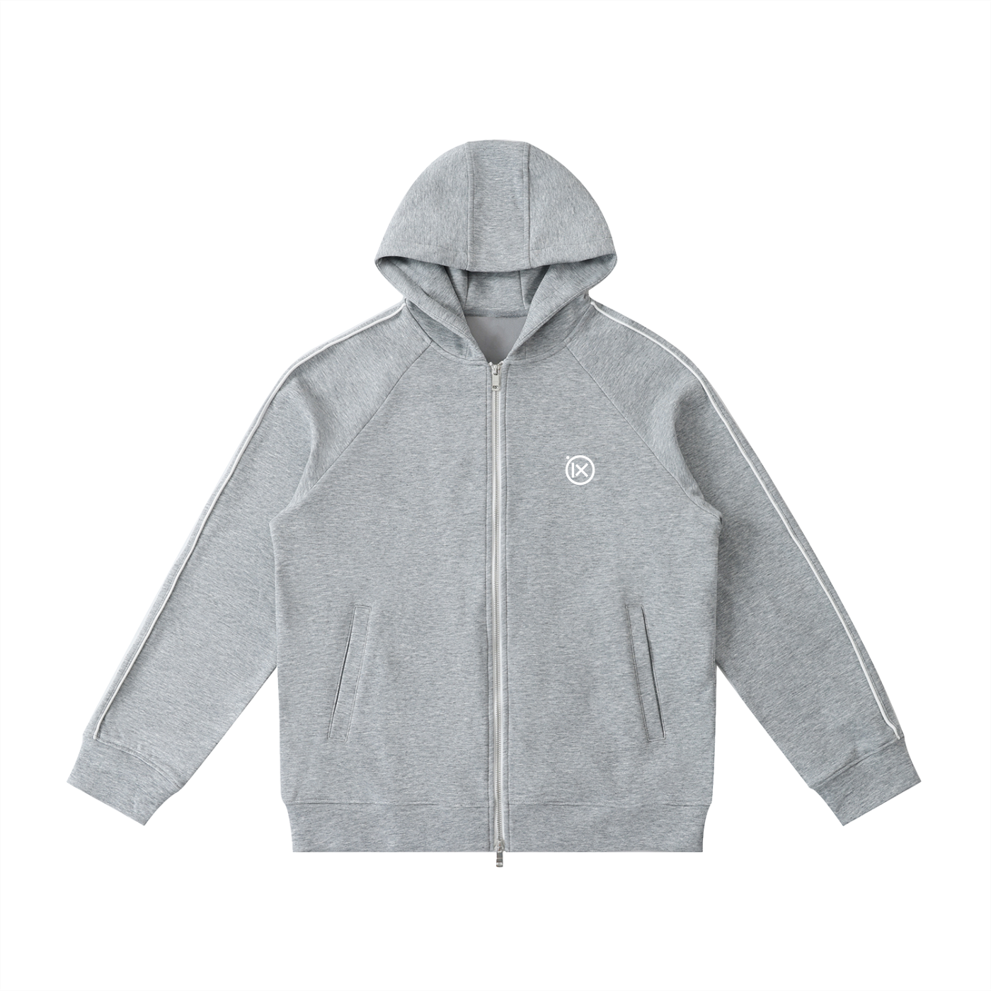 Raglan zip hoodie in gray, with hood, front zipper, and side pockets