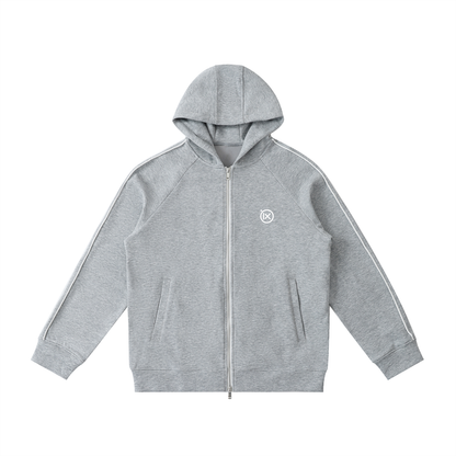 Raglan zip hoodie in gray, with hood, front zipper, and side pockets