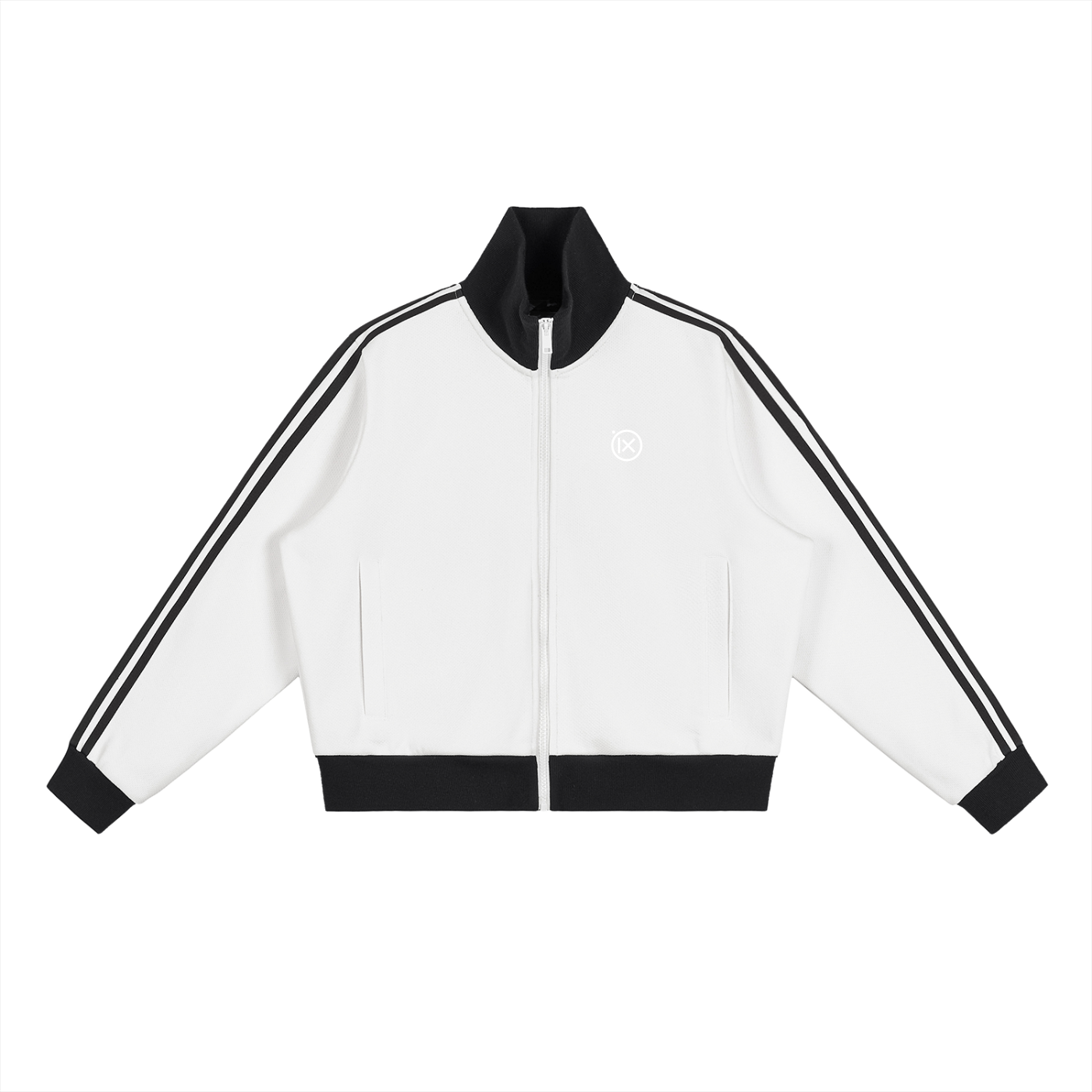 White cropped track jacket with black trim, full zip, contrast side stripes, pockets