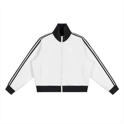 White cropped track jacket with black trim, full zip, contrast side stripes, pockets