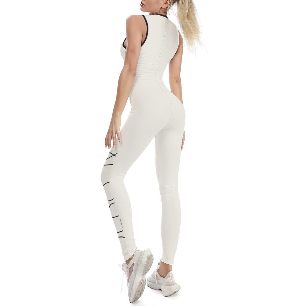 Women’s one-piece yoga suit, white with black trim and side geometric print