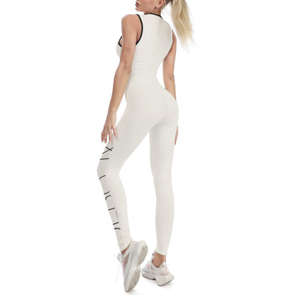 Women’s one-piece yoga suit, white with black trim and side geometric print