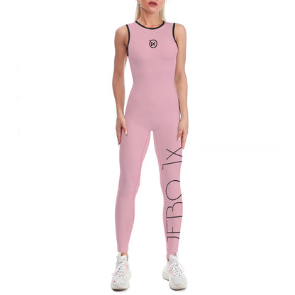 Womens one-piece yoga suit, pink with sleeveless round neck and side leg graphic panel