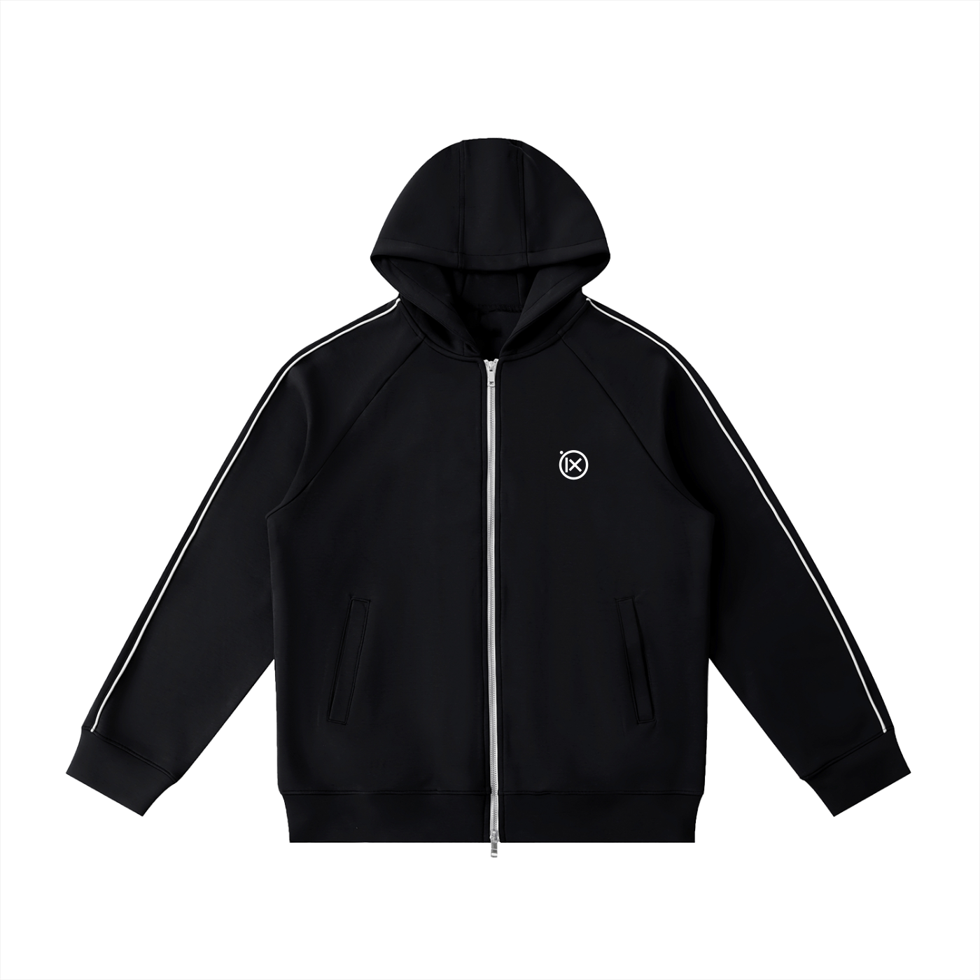 Raglan zip hoodie in black, with hood, front zipper, and side pockets