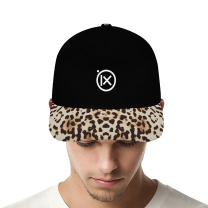 Black baseball cap with leopard-print brim; Ix emblem on front, worn low on face