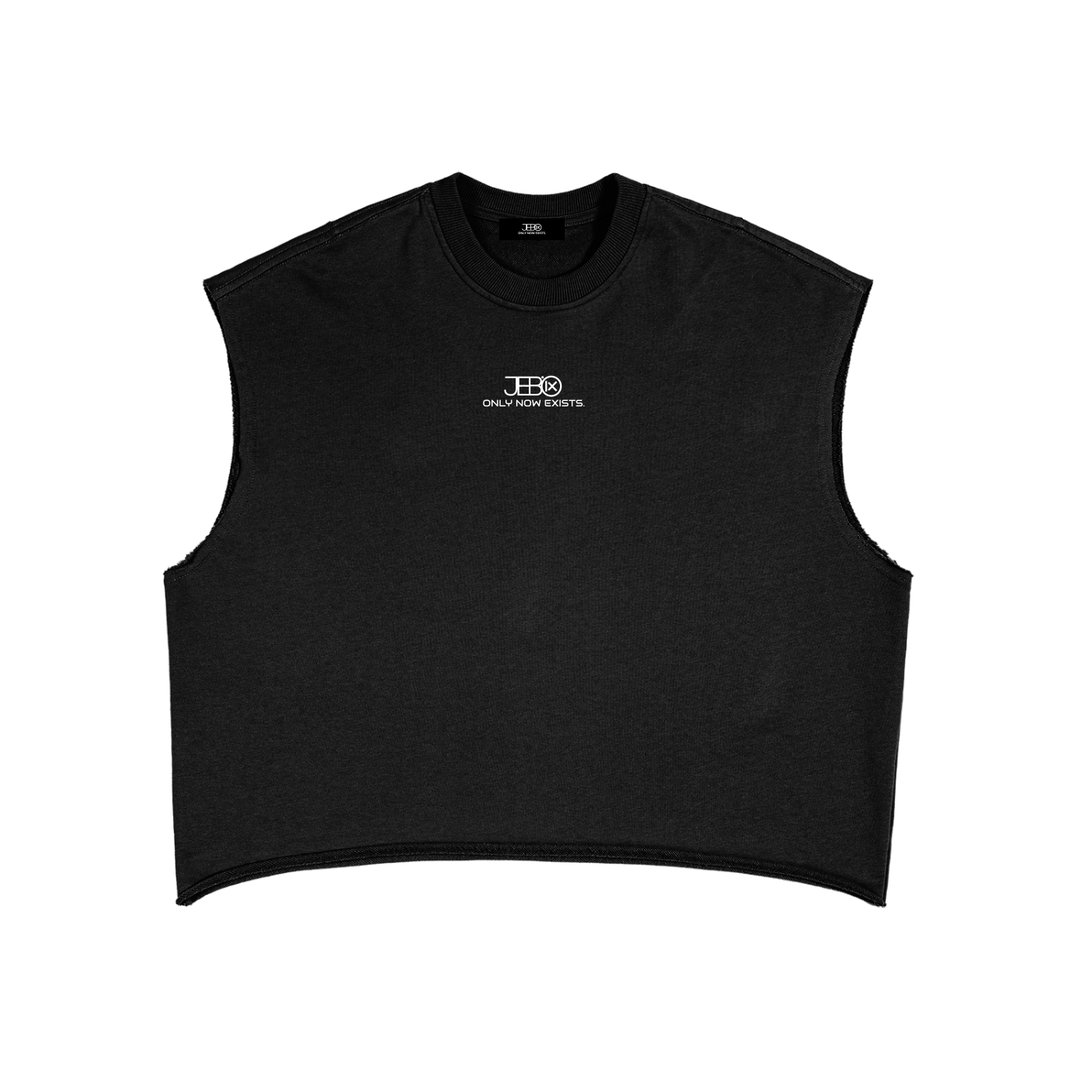 Black boxy tank top with small chest logo and crew neck ribbing