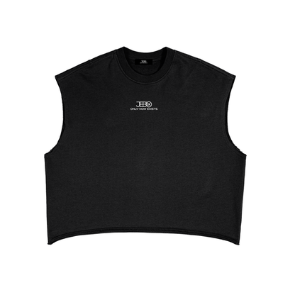 Black boxy tank top with small chest logo and crew neck ribbing