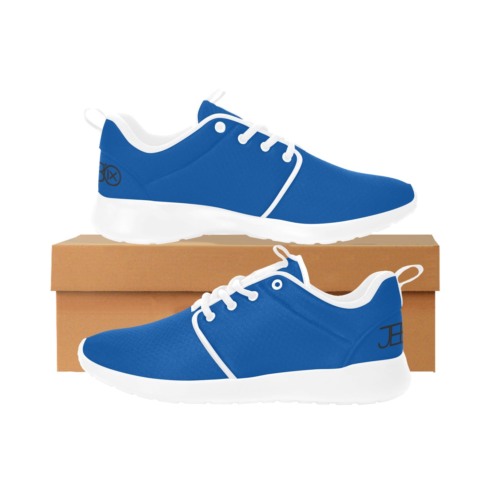 Men's running shoes, blue lace-up with white trim, displayed on a box