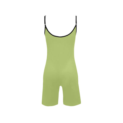 Lime green short yoga bodysuit with thin straps and scoop neckline, black-trim edging
