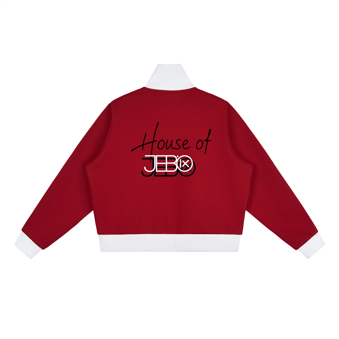 Red cropped track jacket back with slogan print, full zip, contrast side stripes