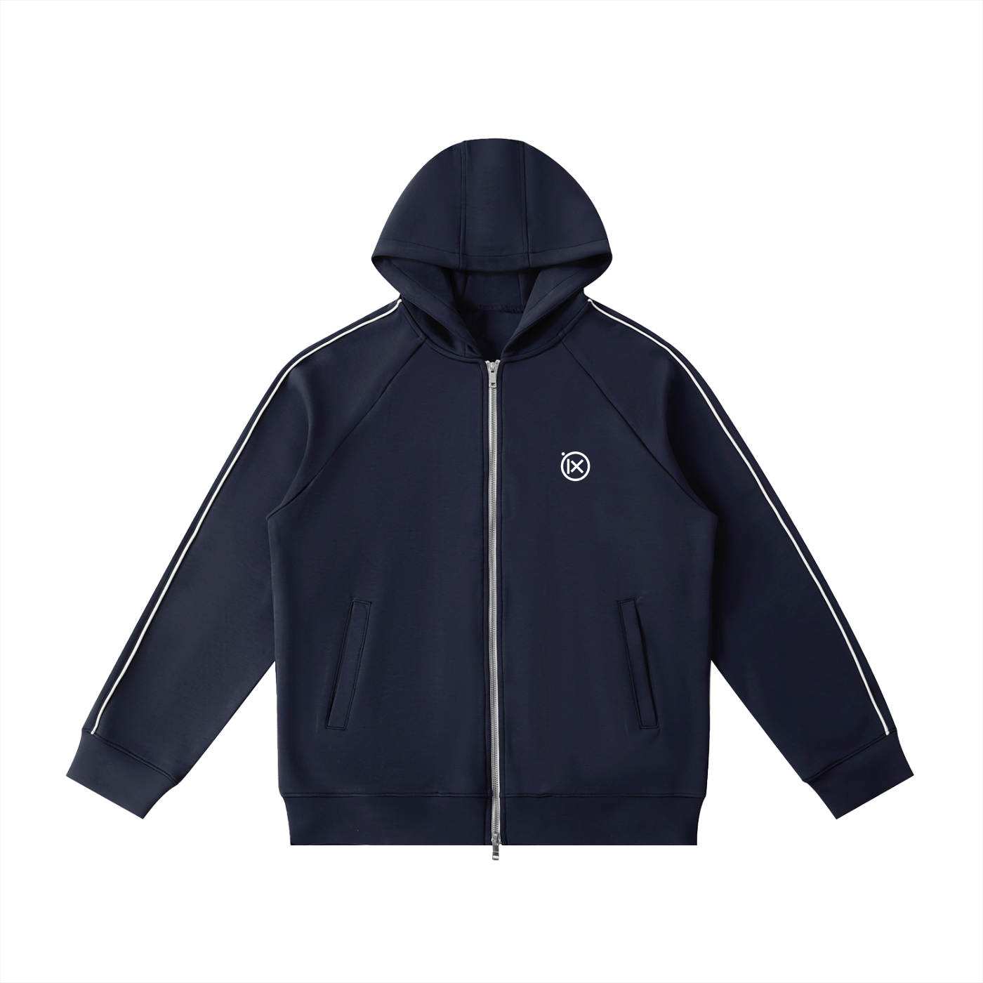 Navy raglan zip hoodie with hood, zipper, and side stripe detail