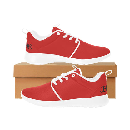 Red mens performance runner shoes with white laces and white midsole