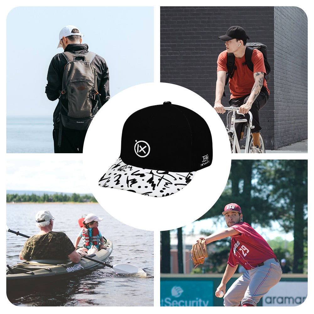 Baseball cap on model: black crown with white graphic brim, iX logo front.