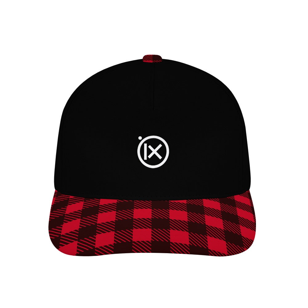 Black baseball cap with red plaid brim and small Ix logo