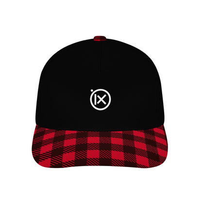 Black baseball cap with red plaid brim and small Ix logo