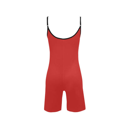 Fire red short yoga bodysuit with spaghetti straps and scoop neckline, no logo
