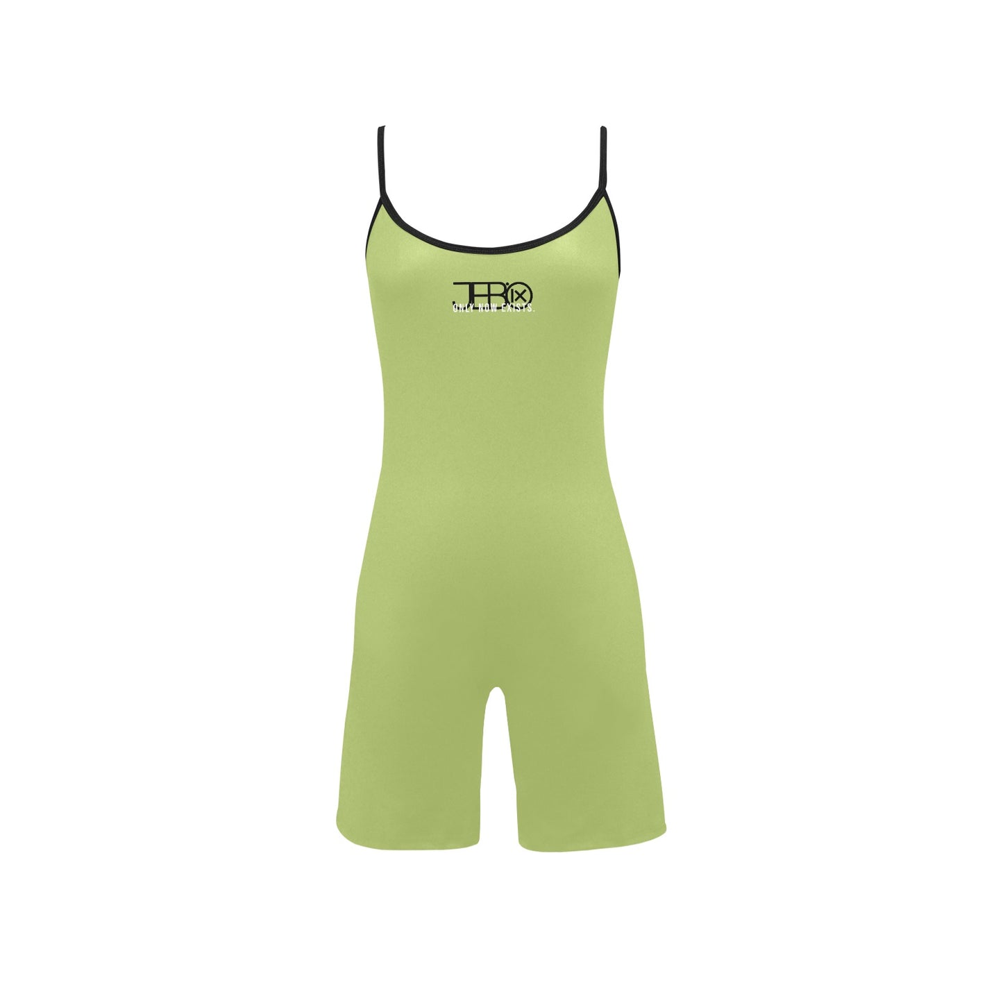 Lime green short yoga bodysuit with spaghetti straps, scoop neckline, black trim, logo