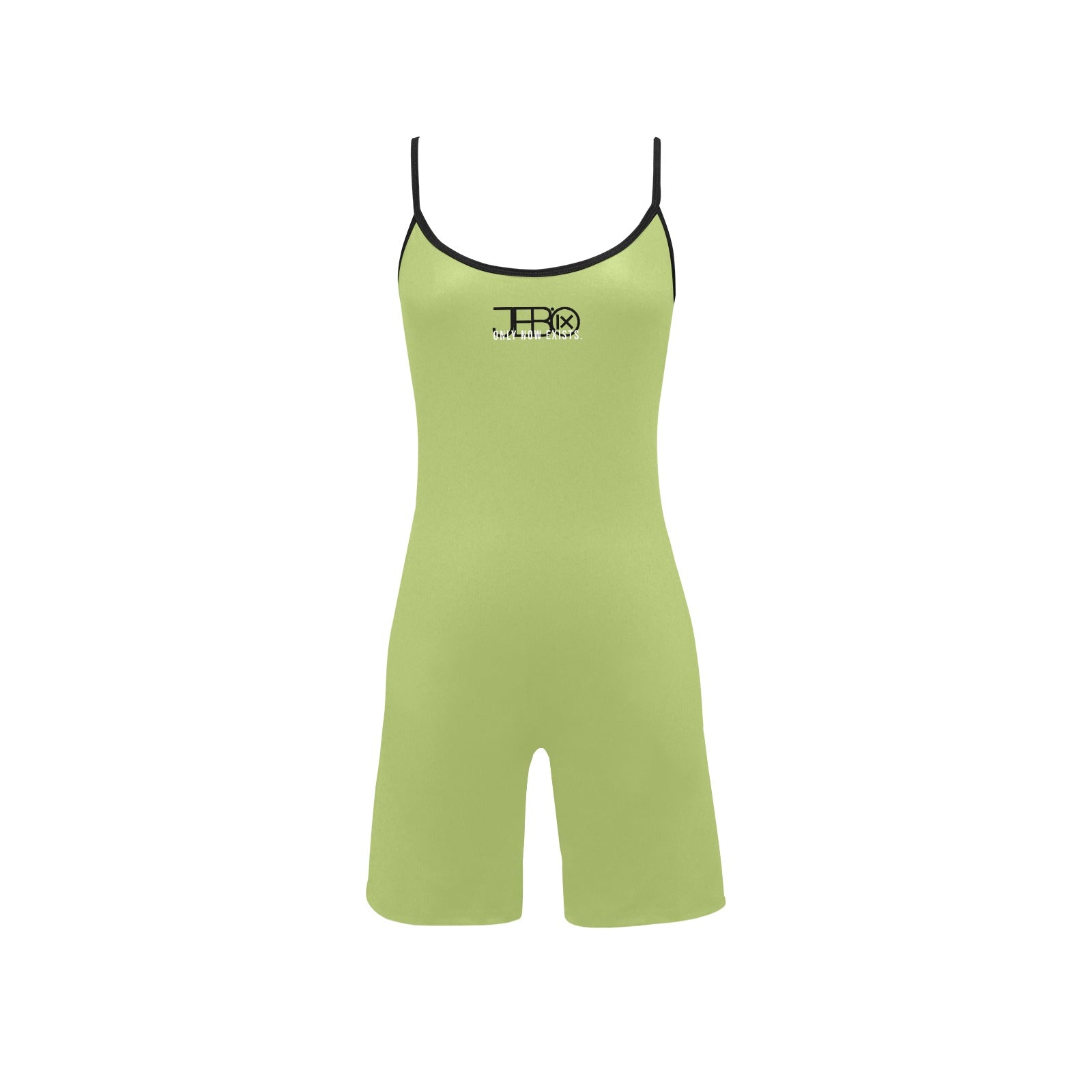 Lime green short yoga bodysuit with spaghetti straps, scoop neckline, black trim, logo
