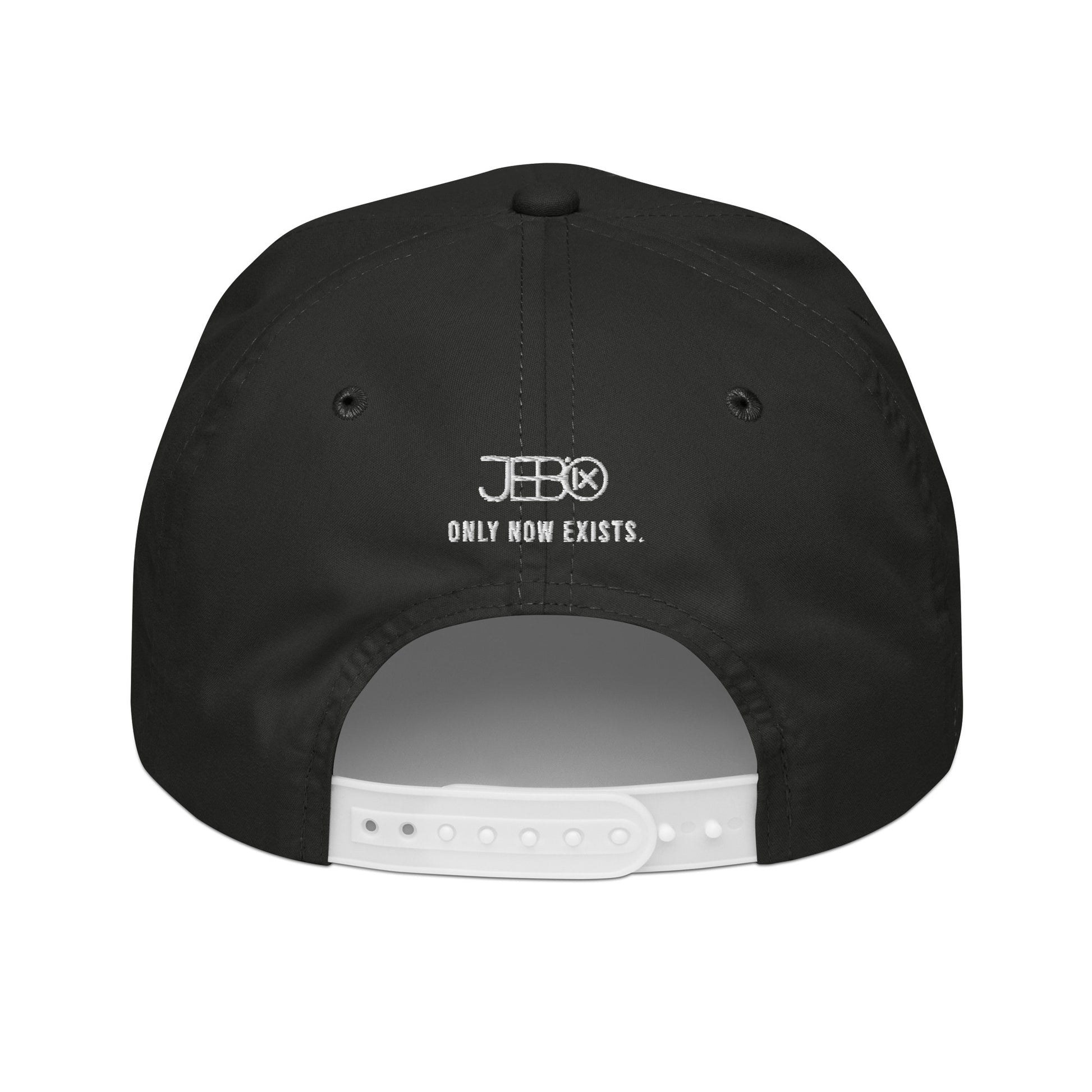 Golf rope snapback cap back in black with white text, logo, and adjustable strap