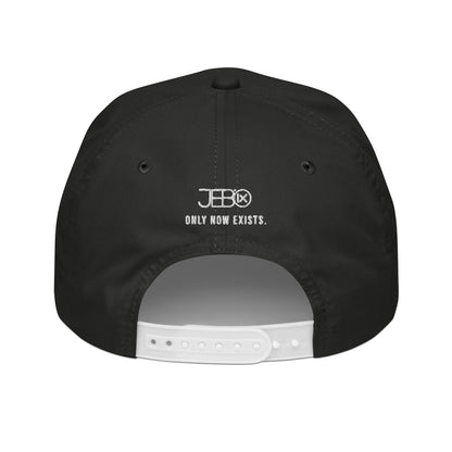 Golf rope snapback cap back in black with white text, logo, and adjustable strap