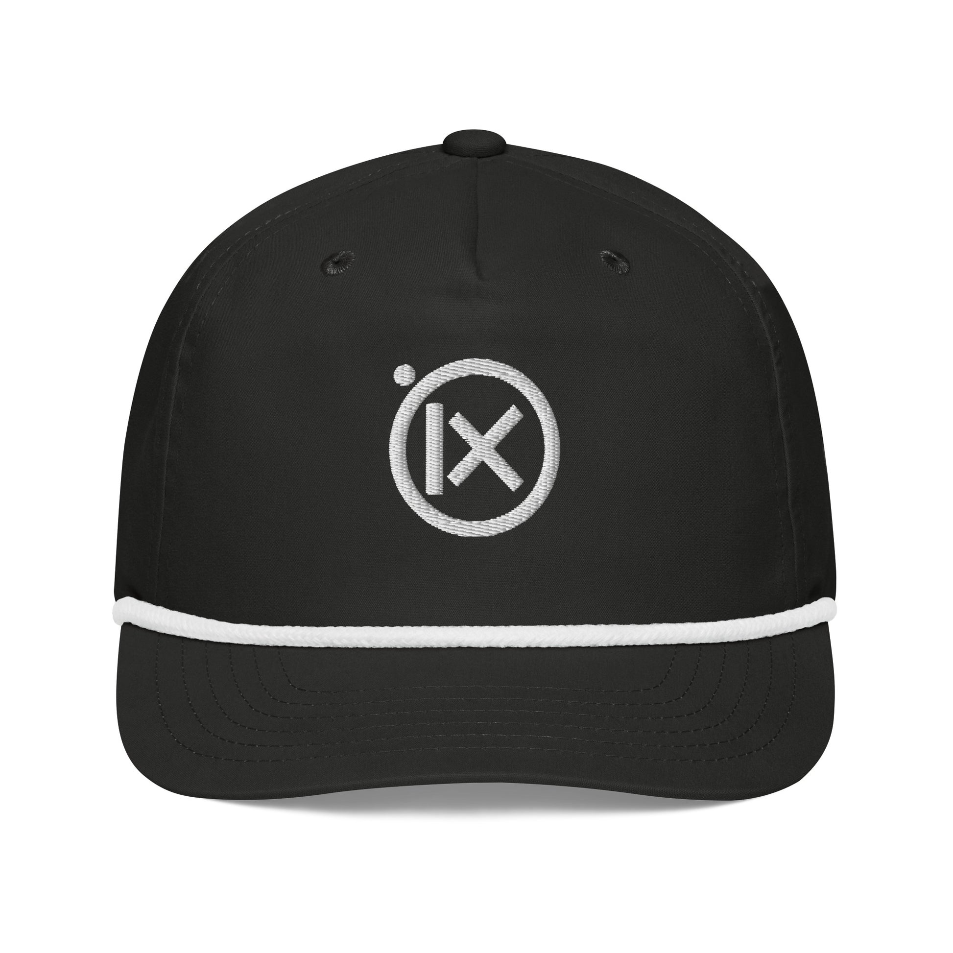 Black golf snapback cap with white rope trim and circular X logo on front.