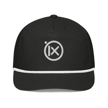 Black golf snapback cap with white rope trim and circular X logo on front.