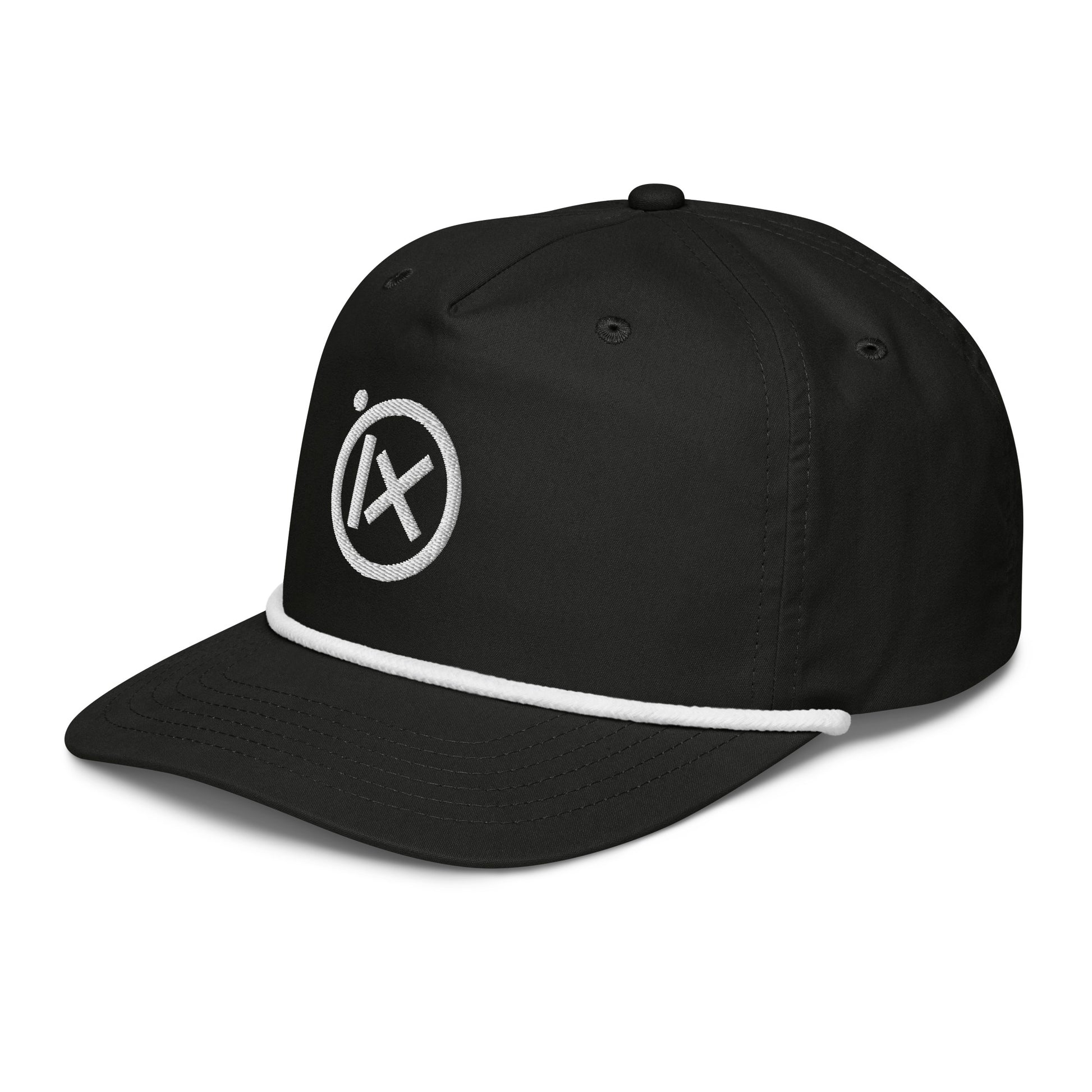 Black golf snapback cap with white rope trim and circular X logo on side.