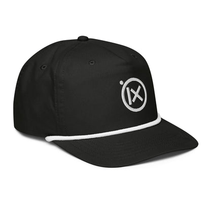 Golf rope snapback cap in black with white rope trim and circular logo patch
