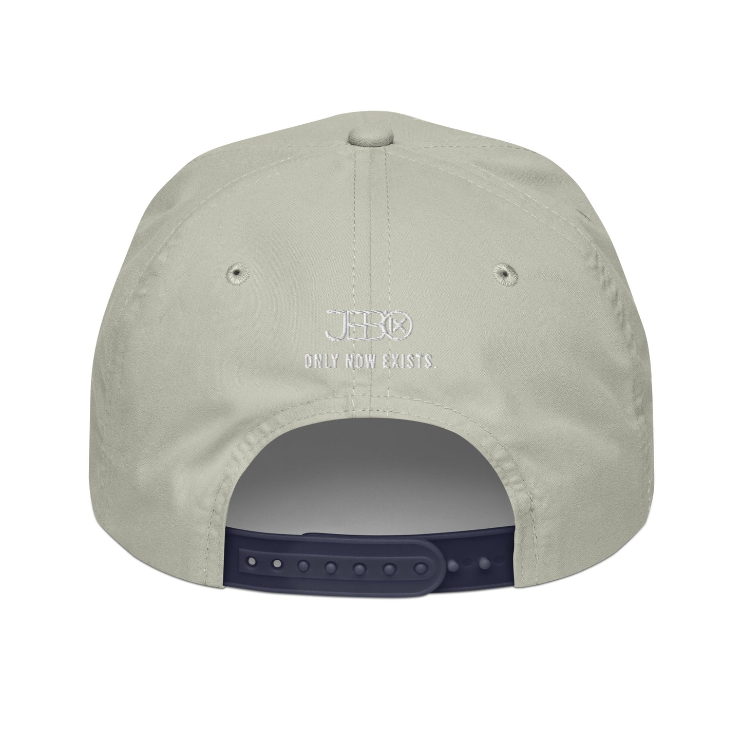 Light gray snapback cap back panel with circular logo and 'ONLY NOW EXISTS' text.
