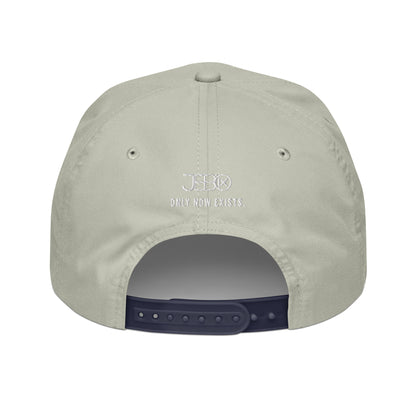 Light gray snapback cap back panel with circular logo and 'ONLY NOW EXISTS' text.